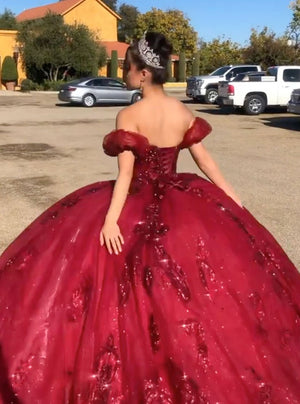 Quinceanera Dress Burgundy Off Shoulder Tulle Lace Long Prom Dresses Burgundy / 12 Quinceanera Dress Burgundy Off Shoulder Tulle Lace Long Prom Dresses Burgundy / 12