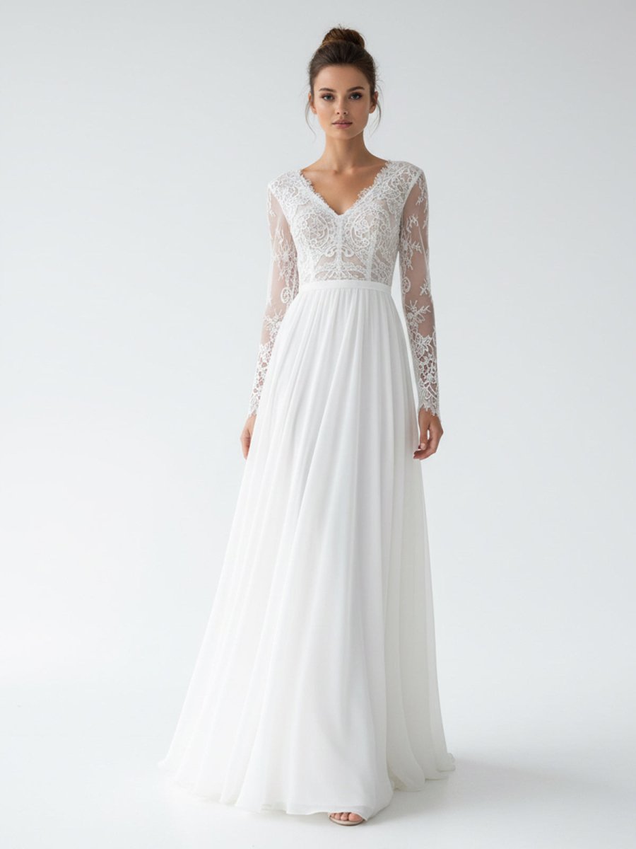 Romantic Modern A Line Floor - length Chiffon Lace V - neck Long Sleeve Wedding Dress - KissProm