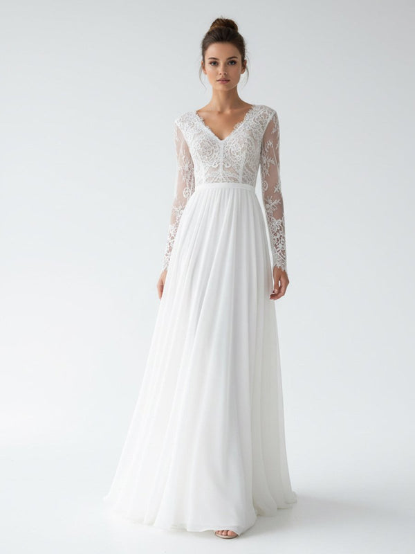 Romantic Modern A Line Floor - length Chiffon Lace V - neck Long Sleeve Wedding Dress - KissProm