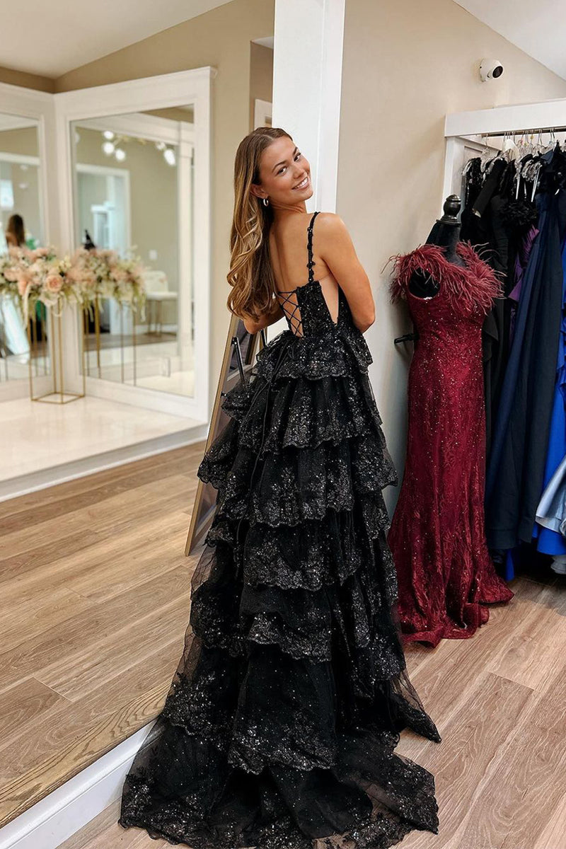 Martha | Straps Fuchsia Sequin Layered Formal Dress with Slit