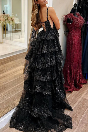 Martha | Straps Fuchsia Sequin Layered Formal Dress with Slit