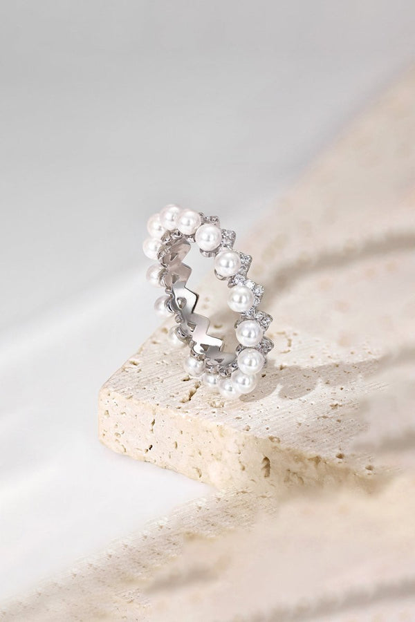 925 Sterling Silver Full Pearl 5A Cubic Zirconia Crown Shaped Ring - KissProm