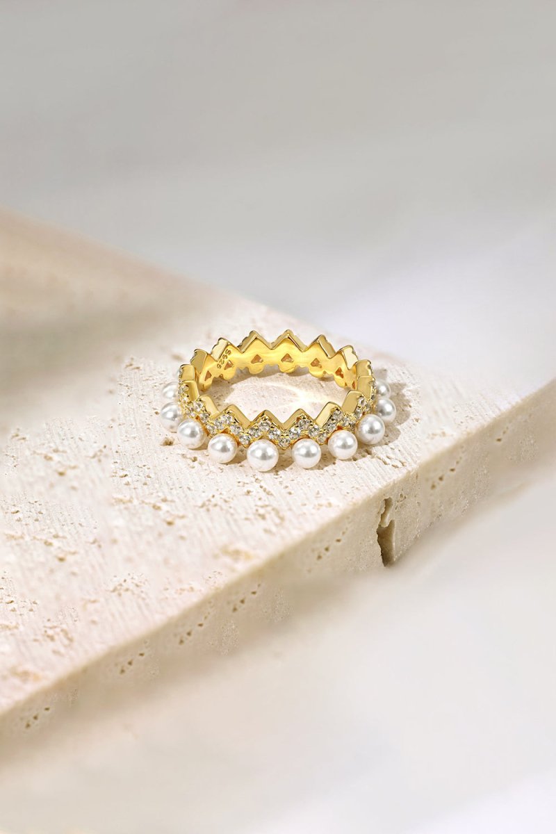 925 Sterling Silver Full Pearl 5A Cubic Zirconia Crown Shaped Ring - KissProm