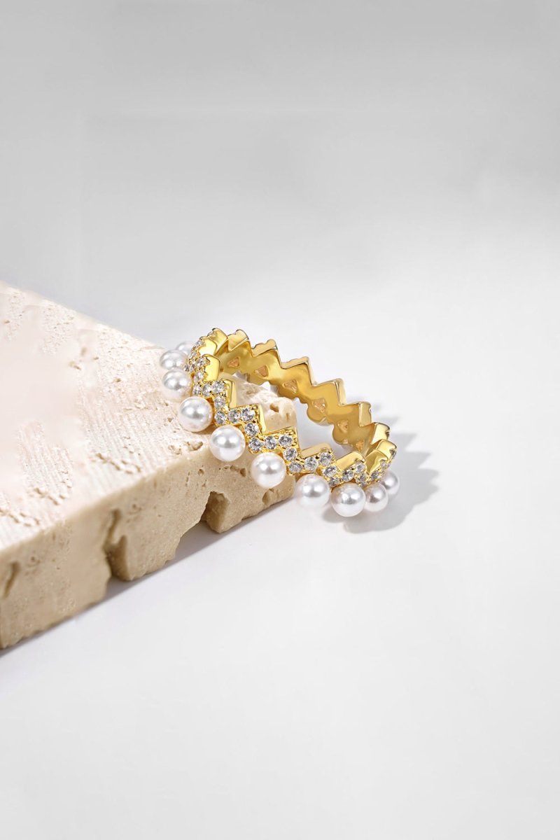 925 Sterling Silver Full Pearl 5A Cubic Zirconia Crown Shaped Ring - KissProm