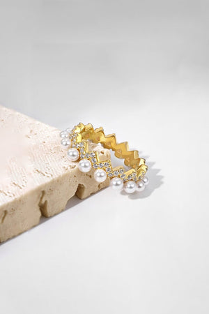 925 Sterling Silver Full Pearl 5A Cubic Zirconia Crown Shaped Ring - KissProm