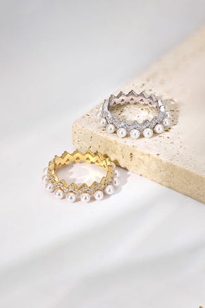 925 Sterling Silver Full Pearl 5A Cubic Zirconia Crown Shaped Ring - KissProm