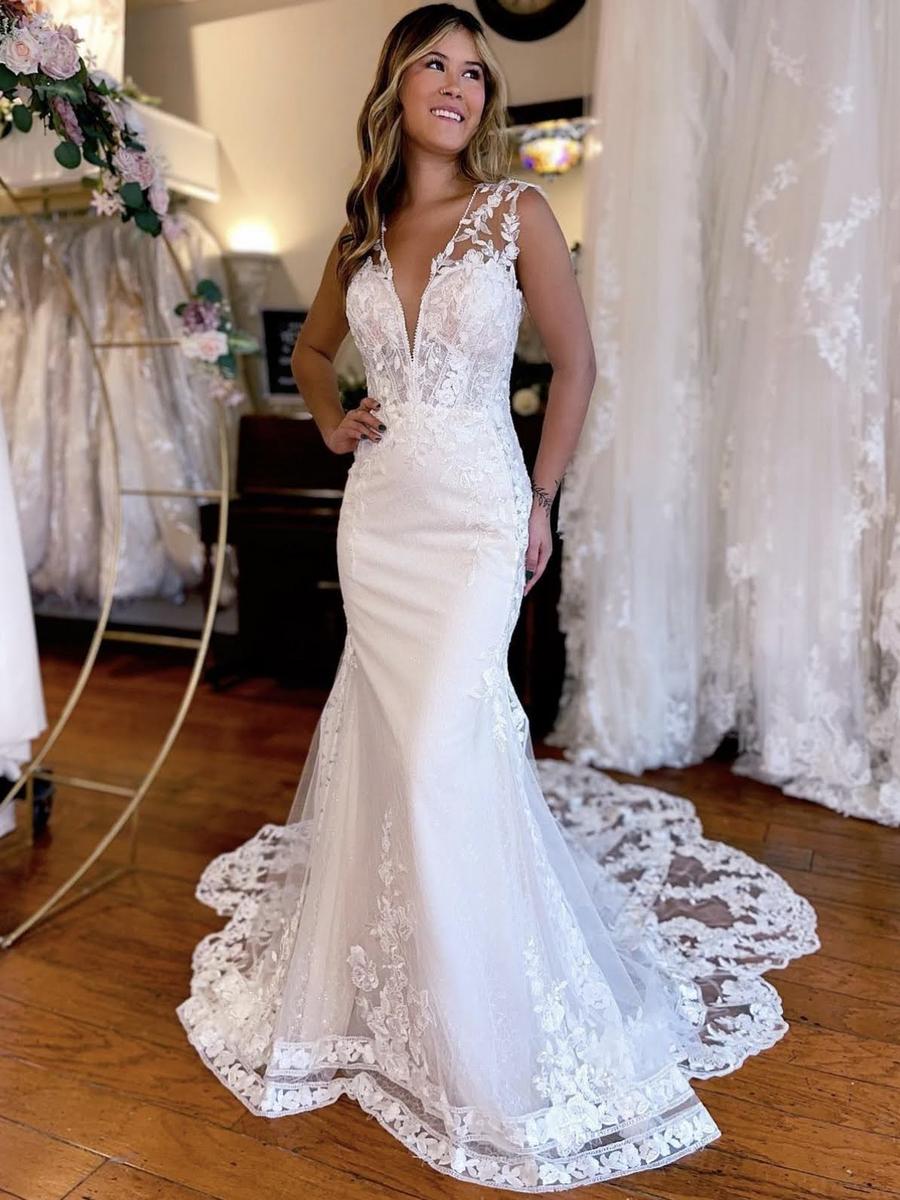 knee length dresses for ladies Elegant Mermaid V Neck Lace Boho Wedding Dresses with Slit WD679 US10 / As Picture main image 0
