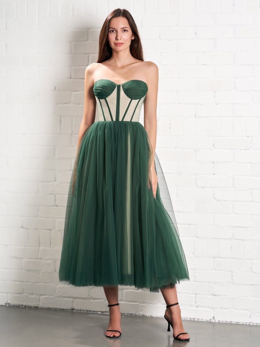 Strapless Puffy Midi Tulle Dress, Emerald / 16 Strapless Puffy Midi Tulle Dress, Emerald / 16