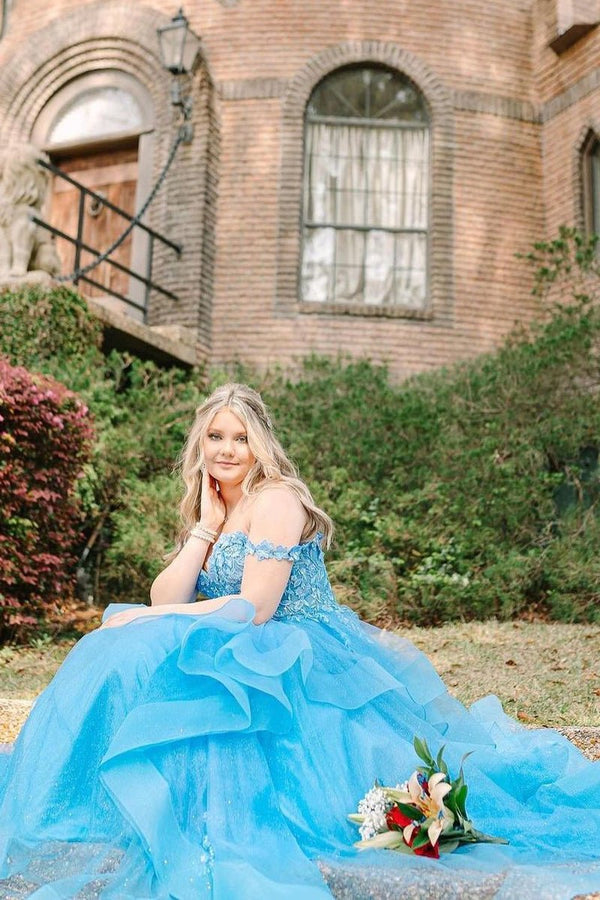 Blue Off the Shoulder Ruffle Tiered Tulle Long Prom Dresses with Appliques - KissProm