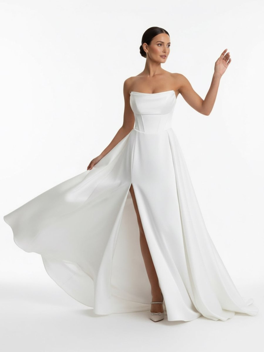 Jane | A-Line Strapless White Satin Wedding Dresses with Slit