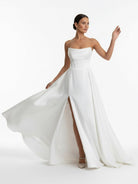 Jane | A-Line Strapless White Satin Wedding Dresses with Slit