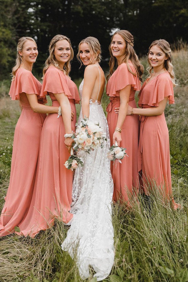 Simple A-Line Coral Chiffon Long Bridesmaid Dresses Simple A-Line Coral Chiffon Long Bridesmaid Dresses