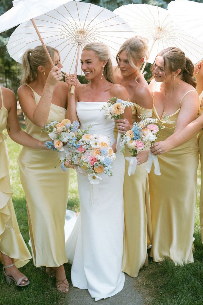 Sheath Silk Satin Yellow Long Bridesmaid Dresses, Yellow / 14 / E Sheath Silk Satin Yellow Long Bridesmaid Dresses, Yellow / 14 / E