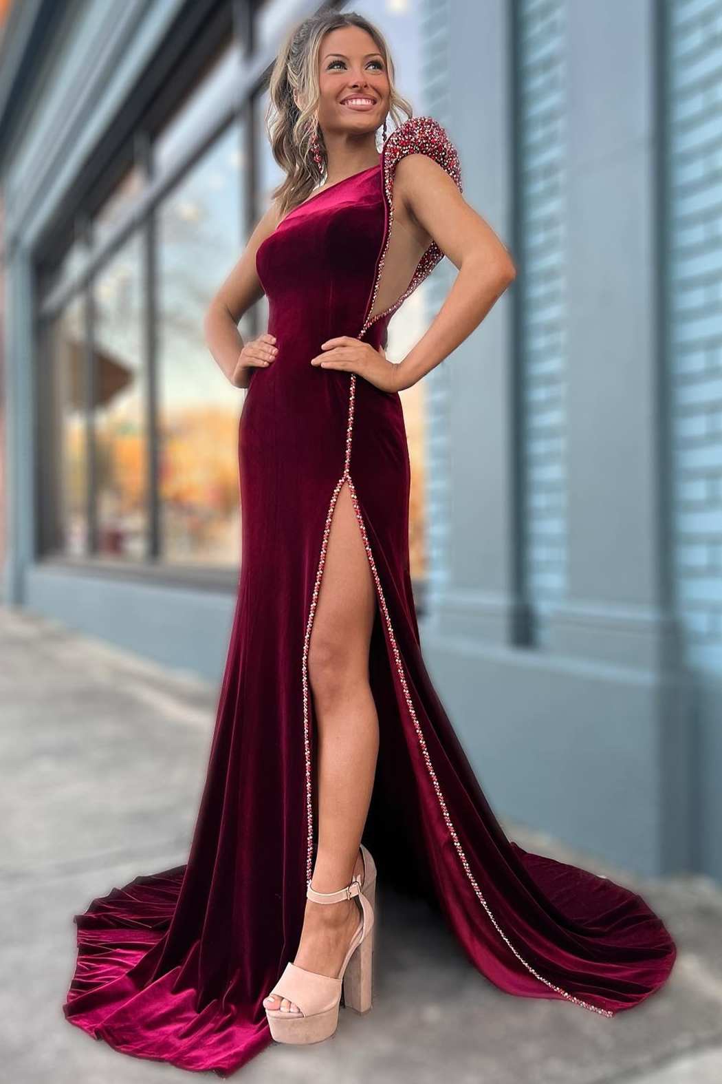 Wine Velvet Beaded One-Shoulder Long Formal Dress with Slit
