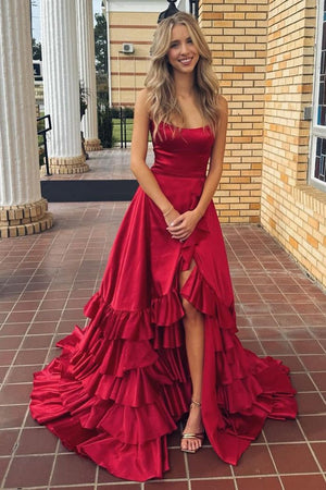 Aldrich | Scoop Neck A Line Lace-Up Ruffle Tiered Red Prom Dress with Slit