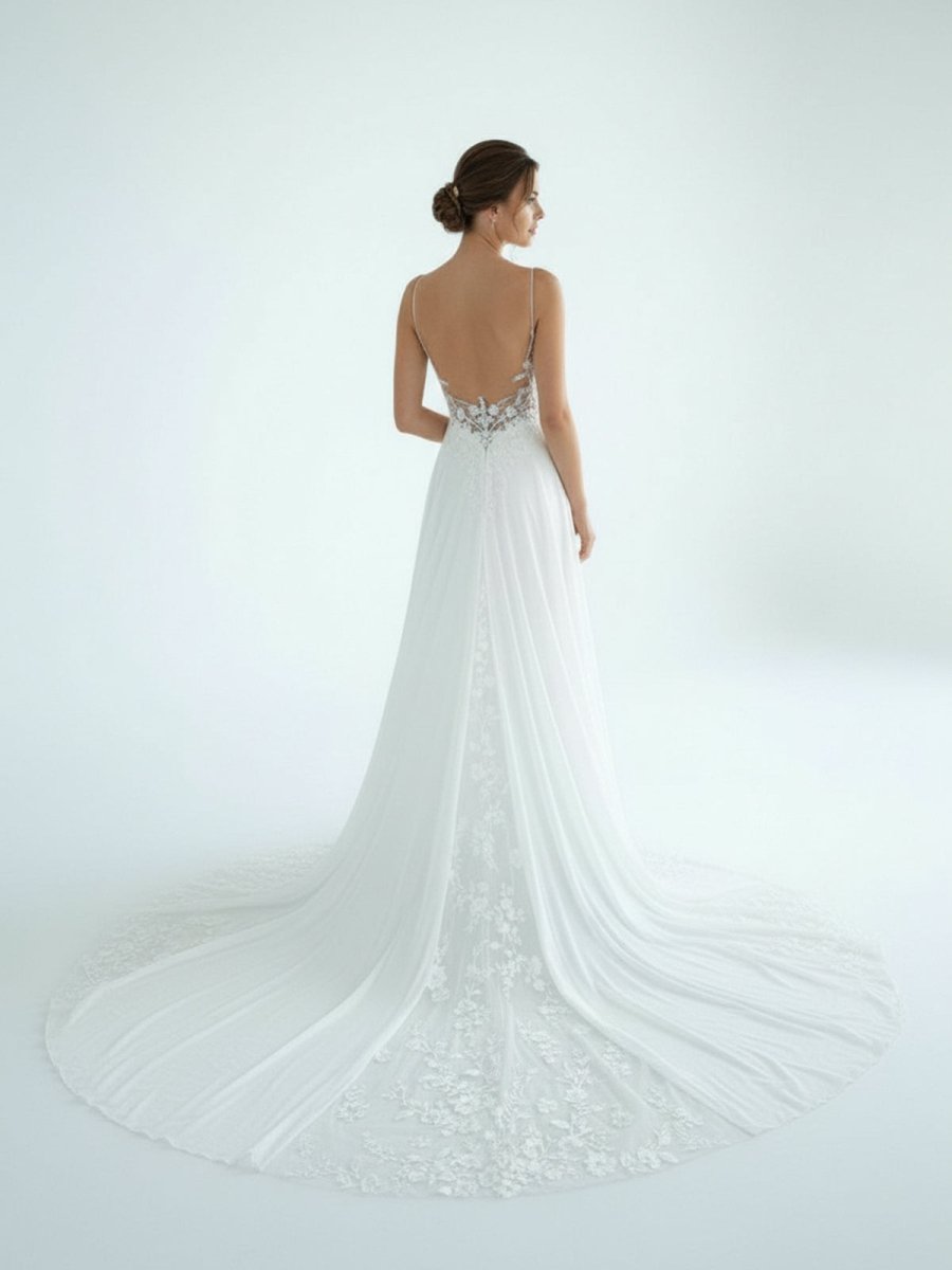 A - Line V Neck Chiffon Boho White Appliques Wedding Dresses - KissProm