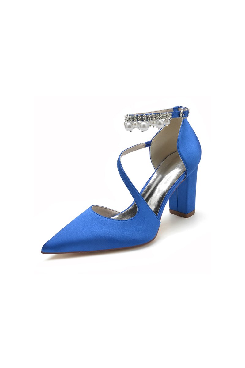 White Satin Heels with Cross - Strap Design and Pearl - Accented Buckle - KissProm