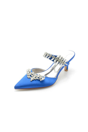 Satin Pointed Toe Mules with Crystal Rhinestone - KissProm