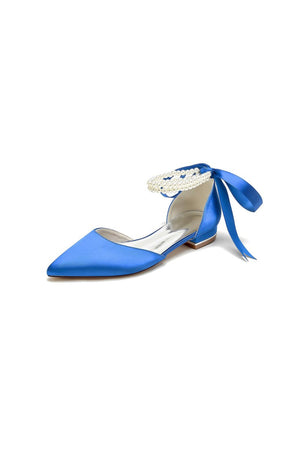 Pointed Toe Pearl Ribbon Ankle Strap Kitten Heels - KissProm
