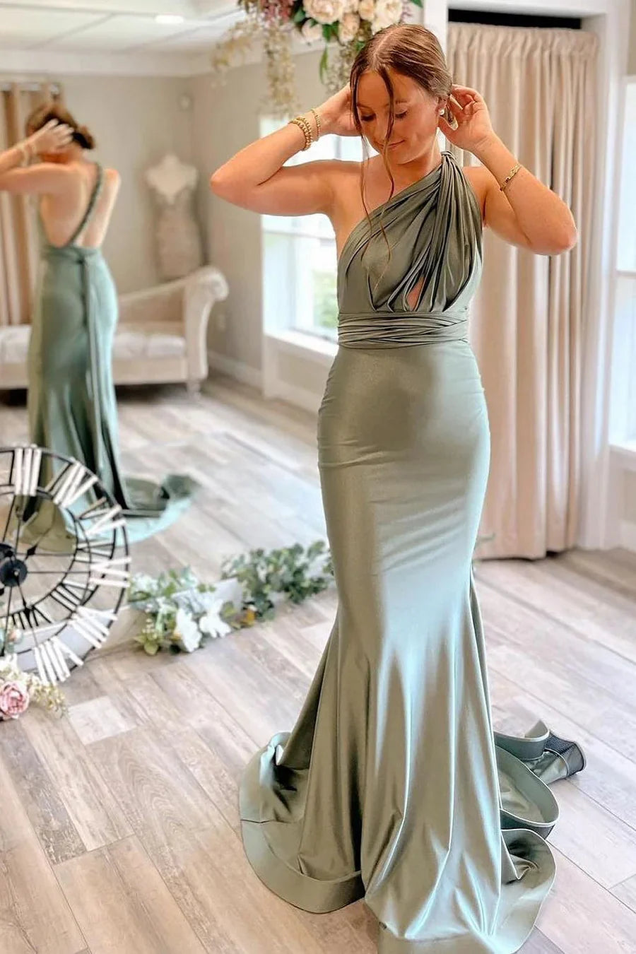 Light Green Convertible Satin Mermaid Prom Bridesmaid Dress, Sage Green / 6 Light Green Convertible Satin Mermaid Prom Bridesmaid Dress, Sage Green / 6