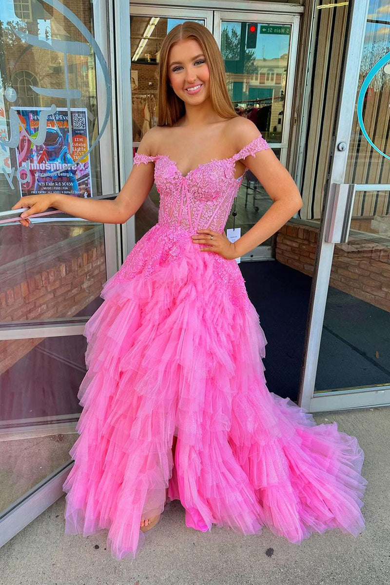 Off-the-Shoulder Pink Ruffle Tulle Long Prom Dress with Appliques