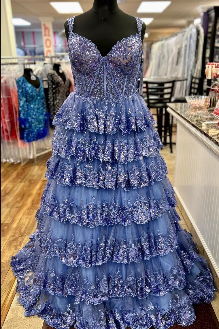 Princess Off The Shoulder Sequined Lace Prom Dress, Grey Blue / 18