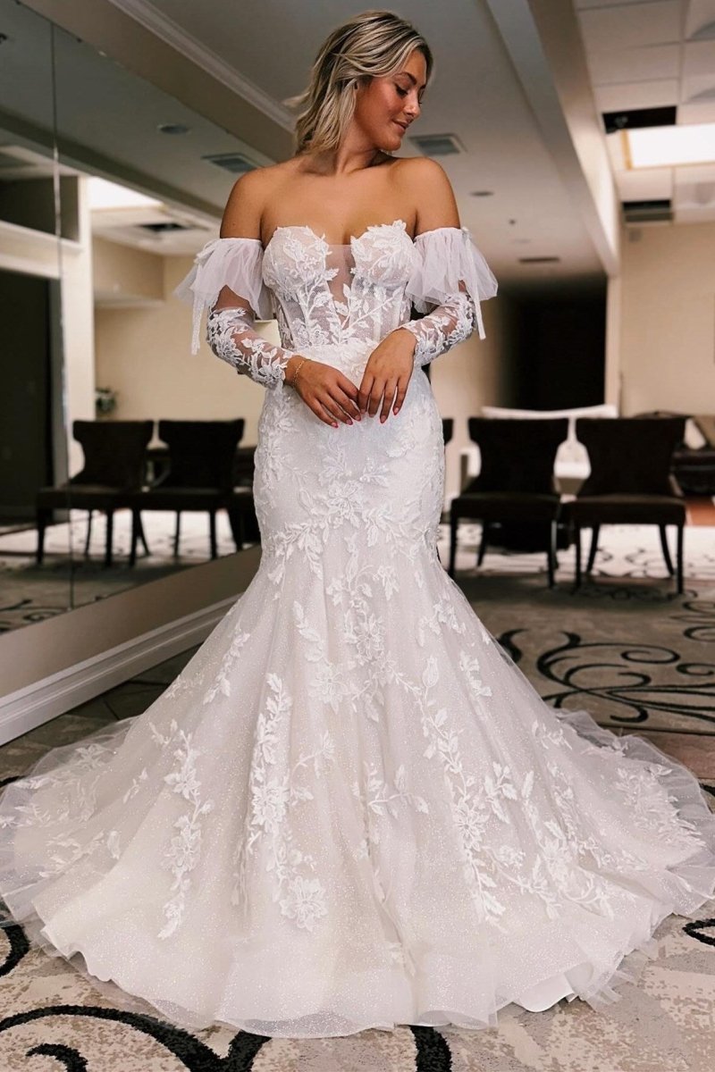 White Floral Lace Sweetheart Mermaid Wedding Dress with Detachable Sleeves, Diamond White / 4 / Tulle White Floral Lace Sweetheart Mermaid Wedding Dress with Detachable Sleeves, Diamond White / 4 / Tulle