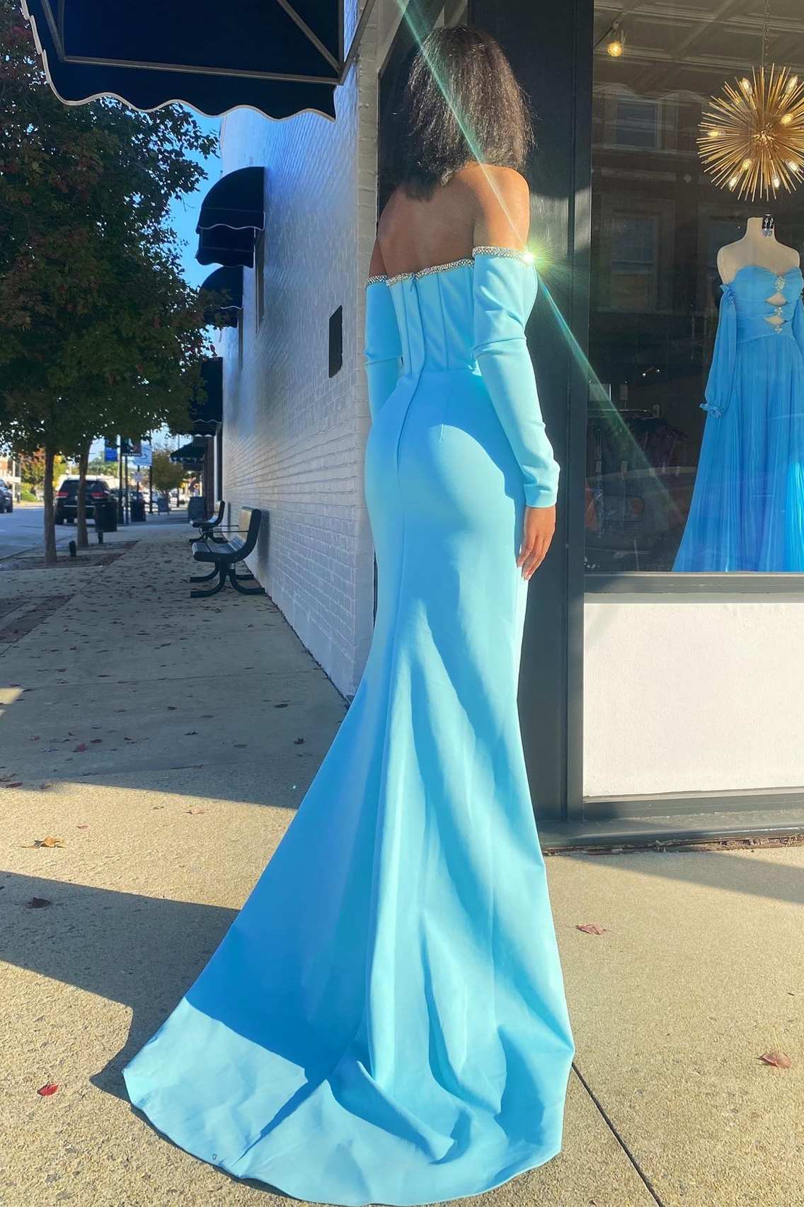 Aqua Off-the-Shoulder Long Sleeve Mermaid Formal Dress