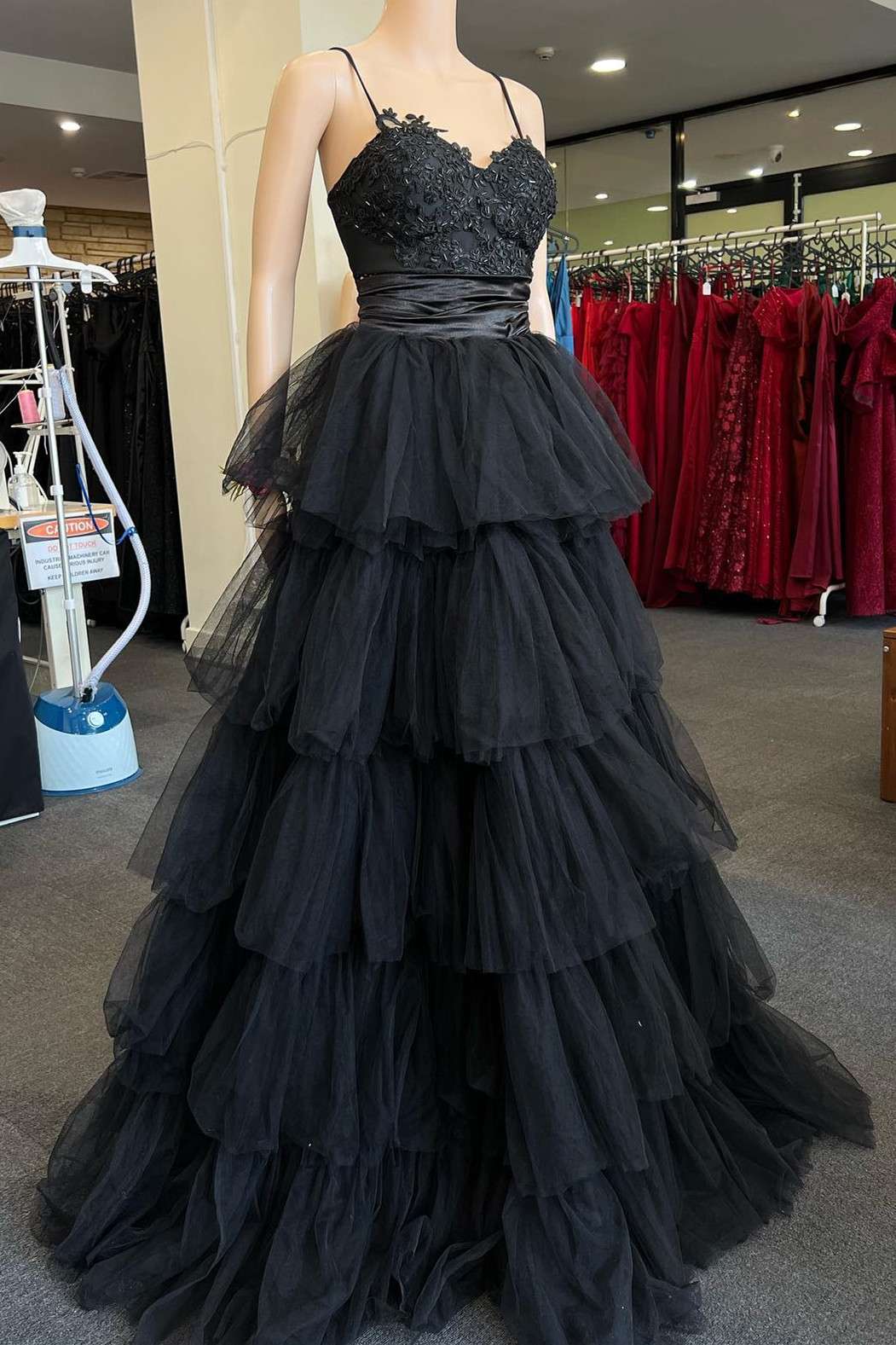 Multi-Tiered Black Straps A-Line Long Prom Dress
