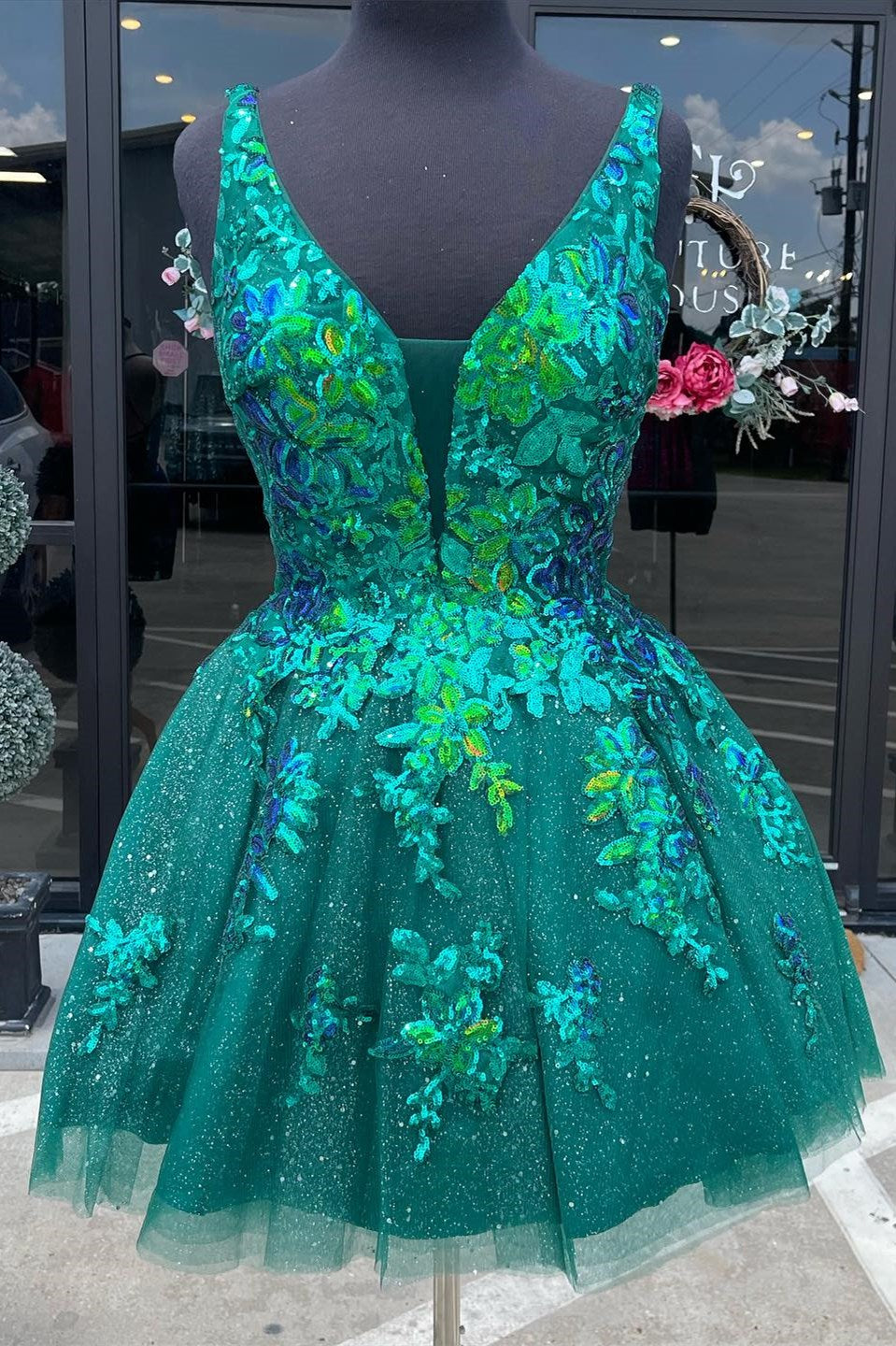 Davina | Green Sequin Lace Plunge V Backless A-Line Short Gown