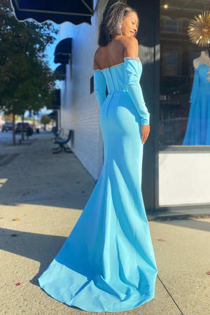 Aqua Off - the - Shoulder Long Sleeve Mermaid Formal Dress - KissProm