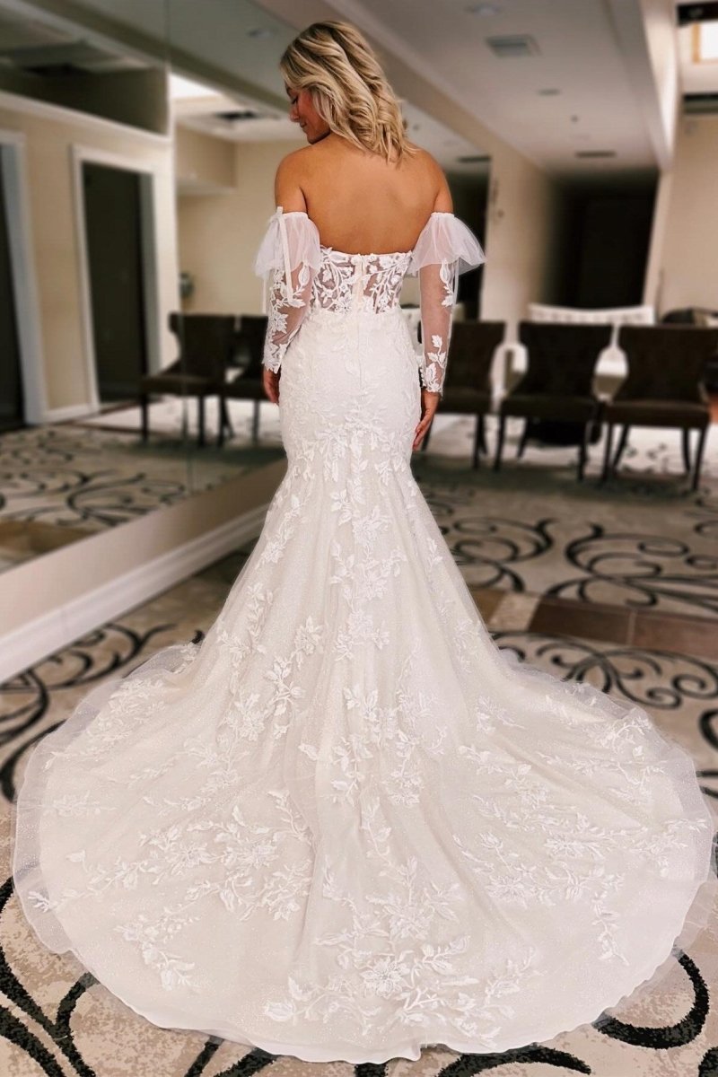 White Floral Lace Sweetheart Mermaid Wedding Dress with Detachable Sleeves, Diamond White / 4 / Tulle