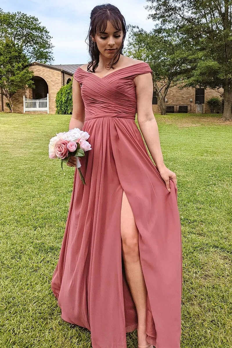 Chiffon Off - the - Shoulder Long Bridesmaid Dress with Slit - KissProm