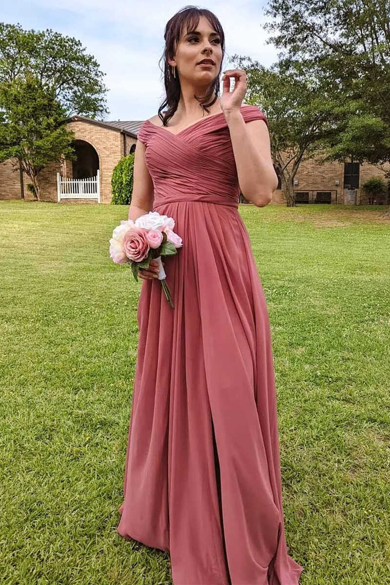 Chiffon Off-The-Shoulder Long Bridesmaid Dress with Slit, Blush Pink / 10