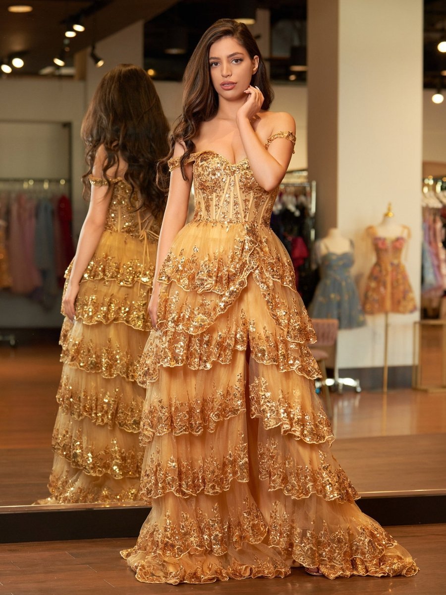 KissProm Gold Princess A Line Off the Shoulder Corset Prom Dress with Lace Ruffles, Golden / 0
