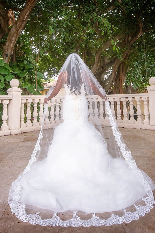 Vintage Lace Appliques Long Chapel Veils Floor Length Wedding Veils - KissProm