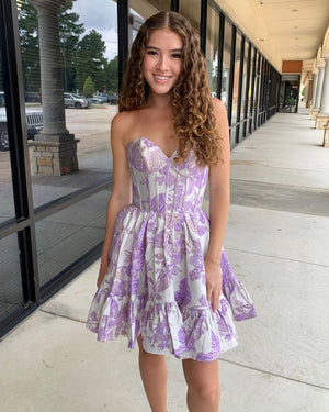 A-Line Strapless Blue Satin Short Homecoming Dresses - KissProm