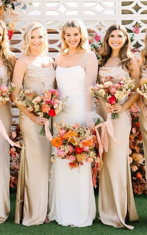 Mermaid Satin Simple Wedding Dress With Square Neckline And Long Sleeve