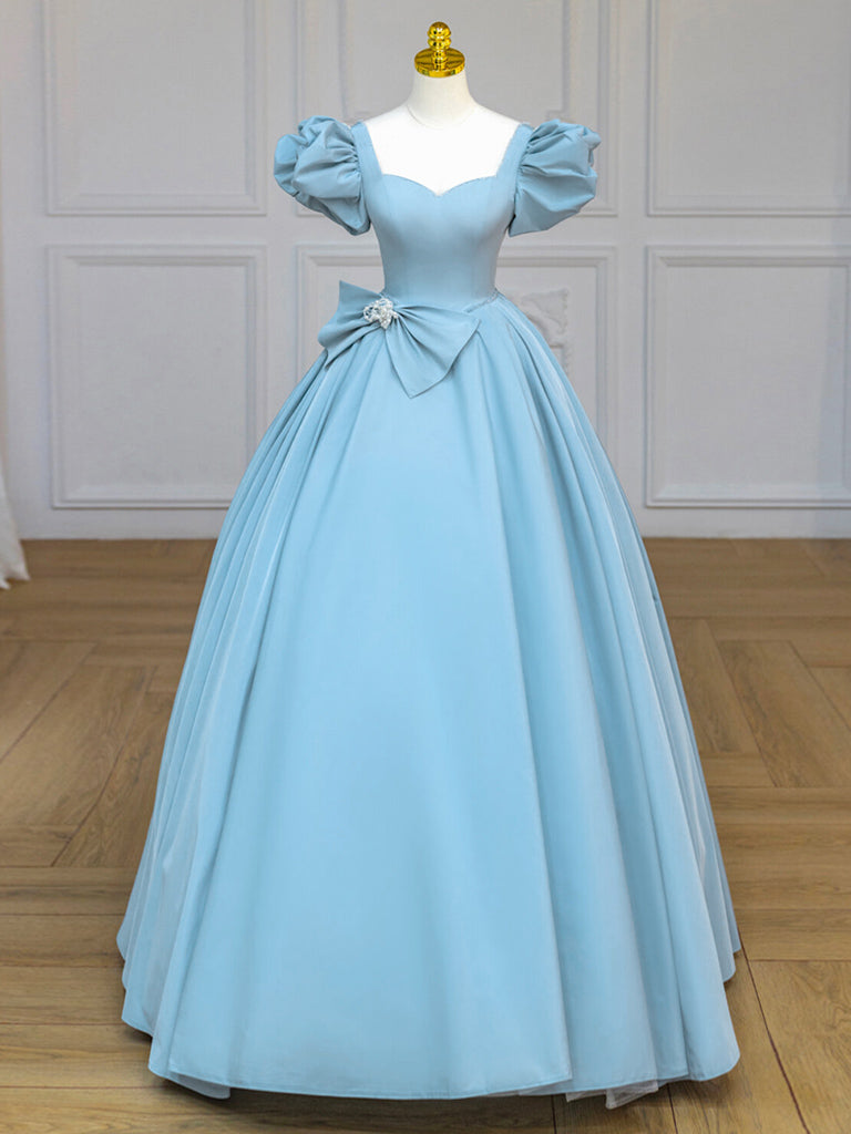 Blue Satin Puff Sleeves Long Prom Gown, Blue Long Sweet Dress