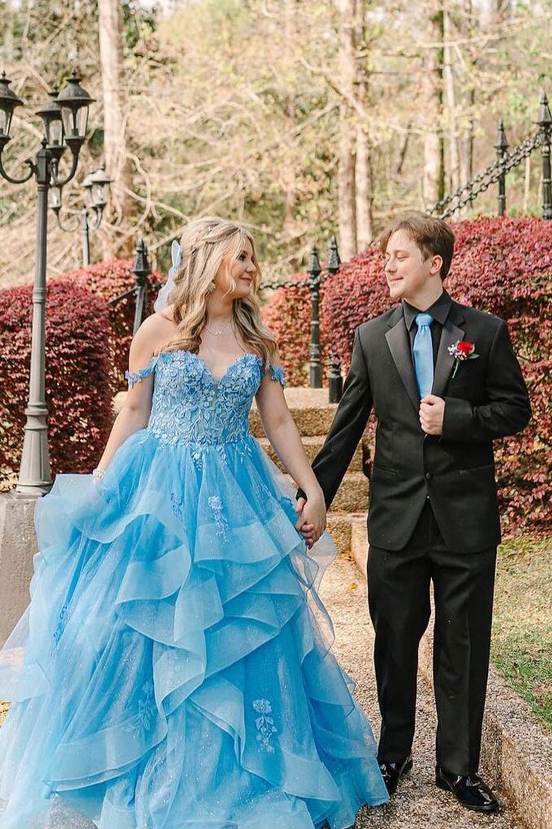 Blue Off the Shoulder Ruffle Tiered Tulle Long Prom Dresses with Appliques - KissProm