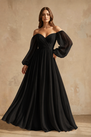 A-Line Off-the-Shoulder Long Sleeves Chiffon Floor-Length Wedding Dress