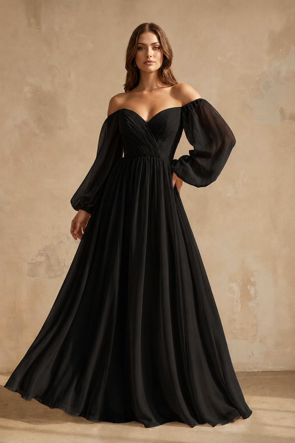 A-Line Off-the-Shoulder Long Sleeves Chiffon Floor-Length Wedding Dress