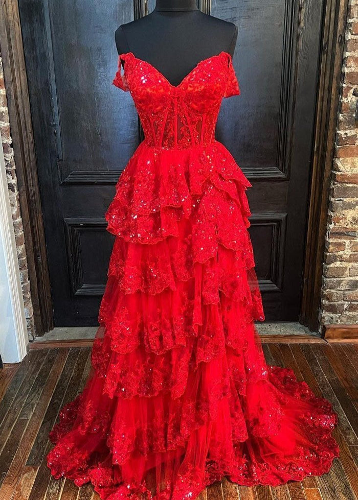 Off the Shoulder Tulle Tiered Long Prom Dress,  A Line Evening Gown UQP0205