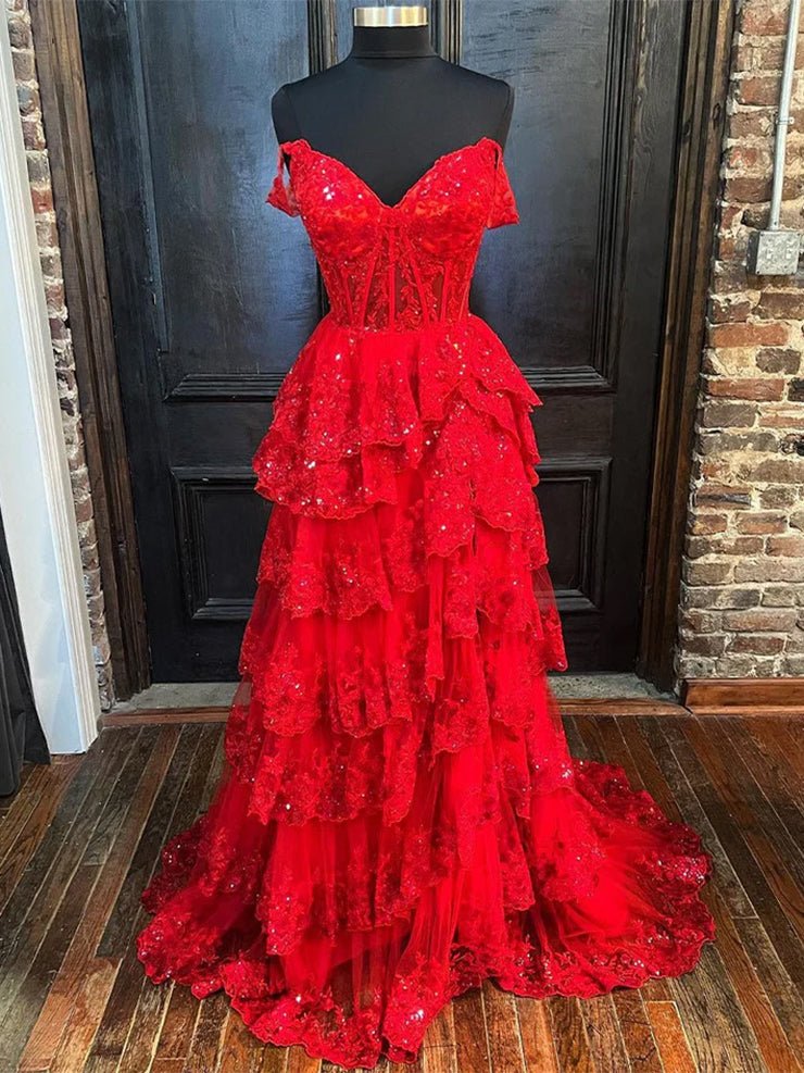 Red Princess A Line Off the Shoulder Corset Prom Dress with Lace Ruffles