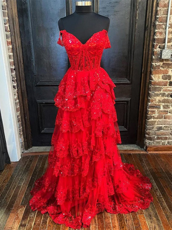 Red Princess A Line Off the Shoulder Corset Prom Dress with Lace Ruffles