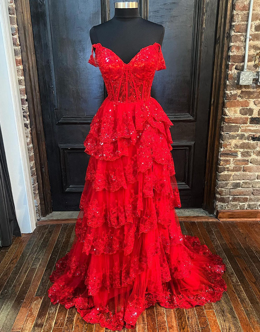 Red Princess A Line Off the Shoulder Corset Prom Dress with Lace Ruffles