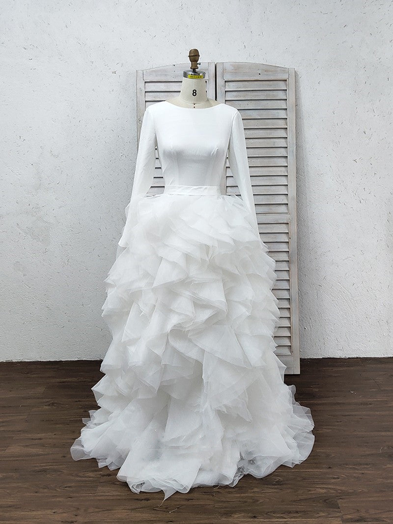 blue dress for baby girl A-Line Tulle Ruffles Bateau Long Sleeves Court Train Wedding Dresses