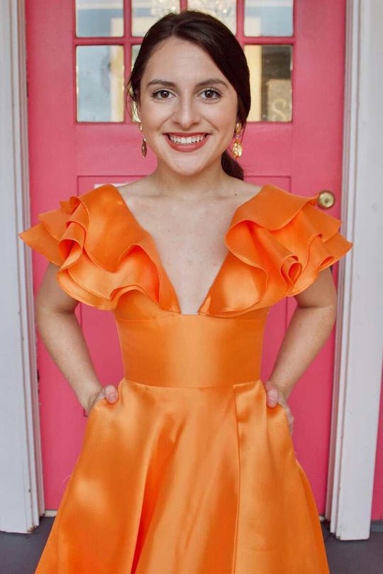 Hot Pink V-Neck Ruffle A-Line Long Prom Dress, Hot Pink / 18 Hot Pink V-Neck Ruffle A-Line Long Prom Dress, Hot Pink / 18