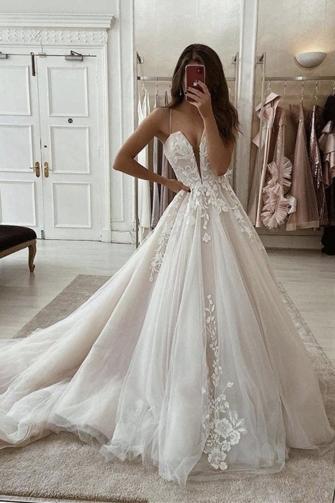 A Line Spaghetti Straps Deep V Neck White Lace Appliques Wedding Dress, Diamond White / 8