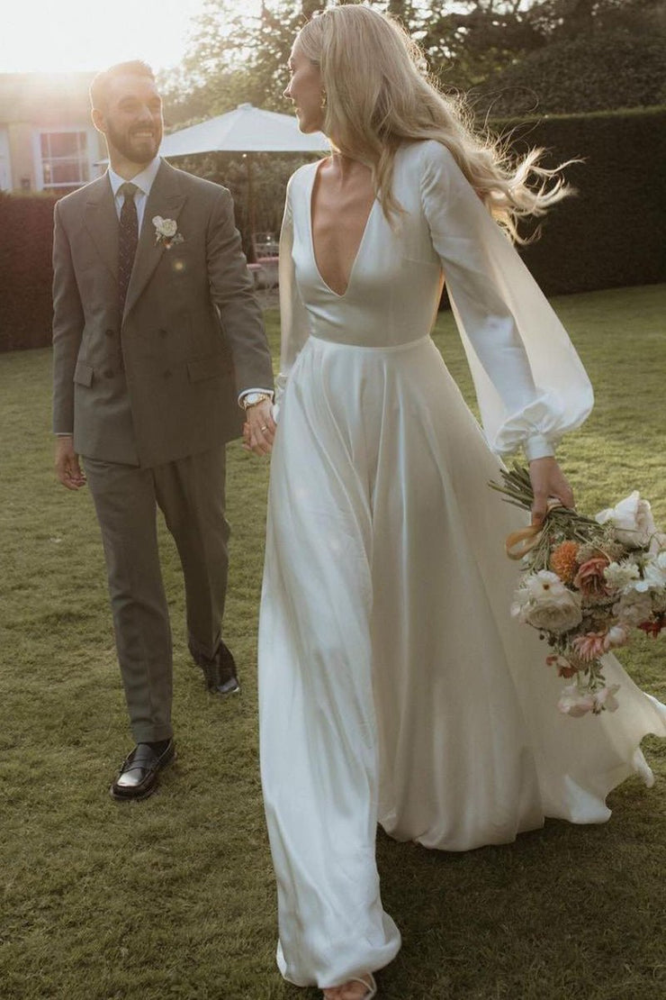 White Satin Long A Line V Neck Wedding Dress With Pockets main image 1